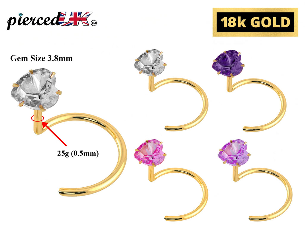 18K Gold Nose Ring: Crystal Heart, 25g (0.5mm)