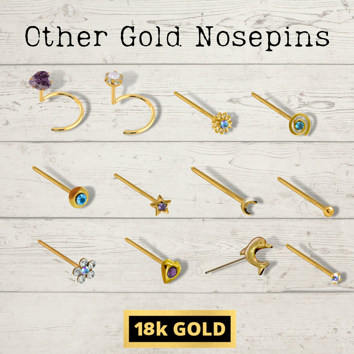 18K Gold Nose Ring: Crystal Heart, 25g (0.5mm)