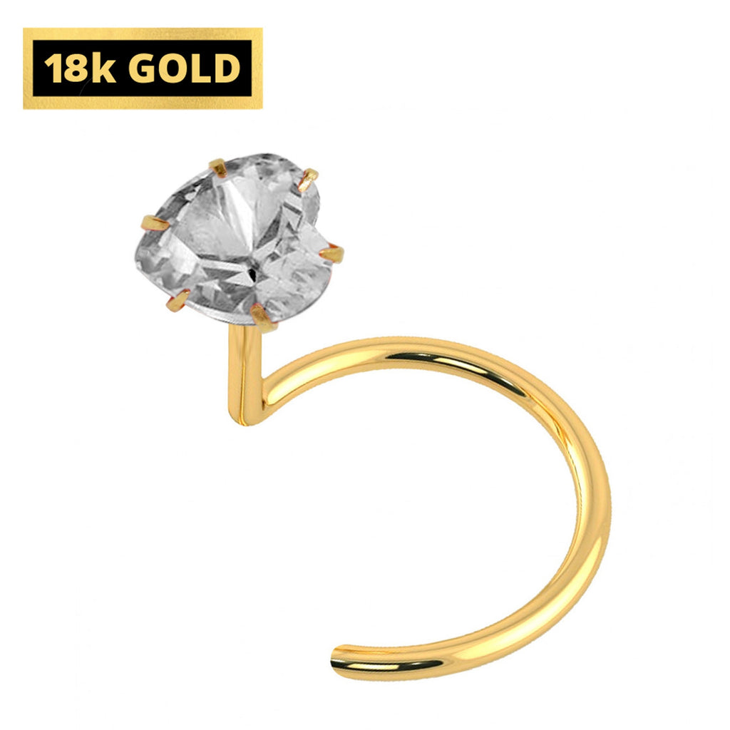 18K Gold Nose Ring: Crystal Heart, 25g (0.5mm)