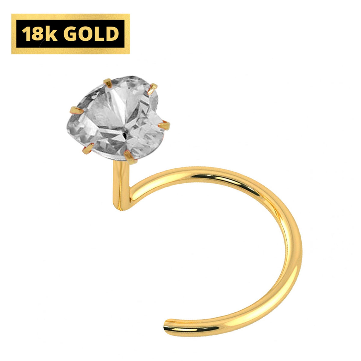 18K Gold Nose Ring: Crystal Heart, 25g (0.5mm)