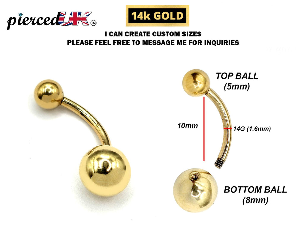 14K Solid Gold Belly Bar: 14G Navel Ring, 10mm Body Piercing