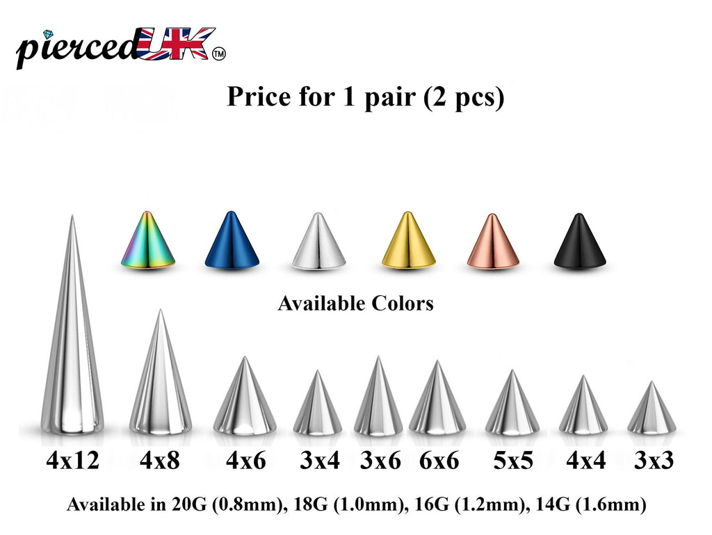 Surgical Steel Spike & Cone Piercing Parts: 16g/14g Barbell Attachment