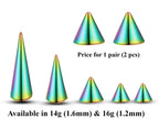 Surgical Steel Spike & Cone Piercing Parts: 16g/14g Barbell Attachment