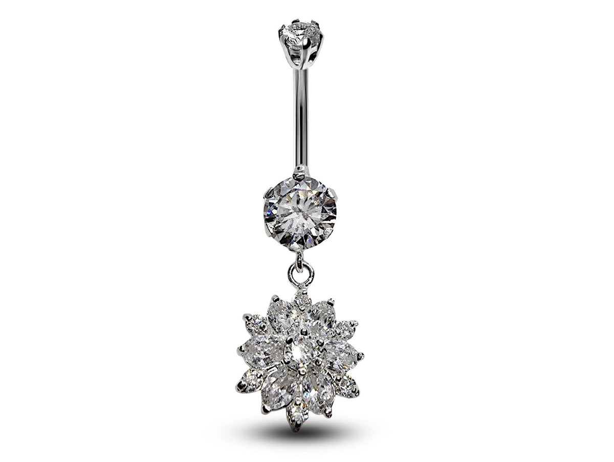 Silver Flower Dangle Belly Button Ring: CZ Crystal Navel Bar (14g, 10mm)
