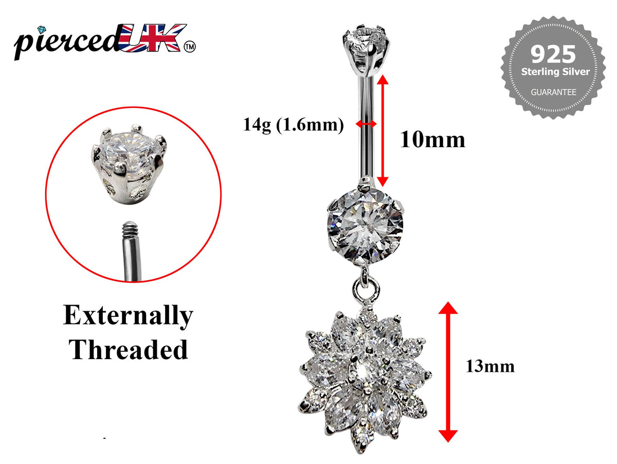 Silver Flower Dangle Belly Button Ring: CZ Crystal Navel Bar (14g, 10mm)
