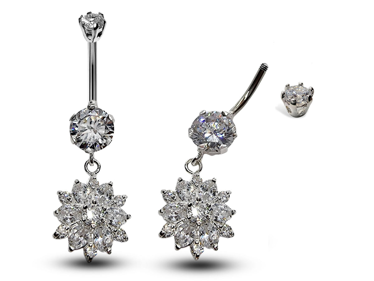 Silver Flower Dangle Belly Button Ring: CZ Crystal Navel Bar (14g, 10mm)