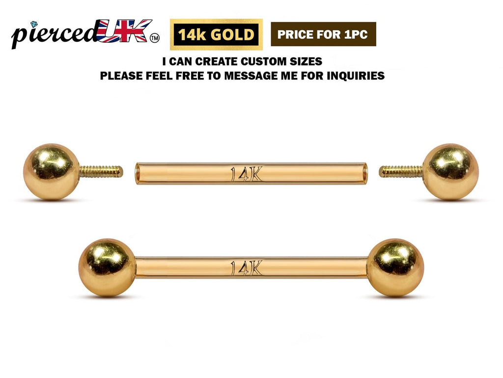 14K Gold Internally Threaded Barbell: Tongue, Nipple, Ear Piercing