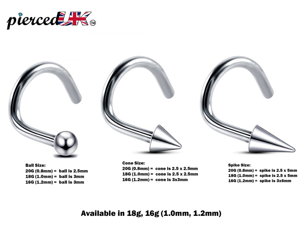 Surgical Steel Nose Stud: 20g, 18g, 16g Nostril Screw with Ball, Cone, or Spike