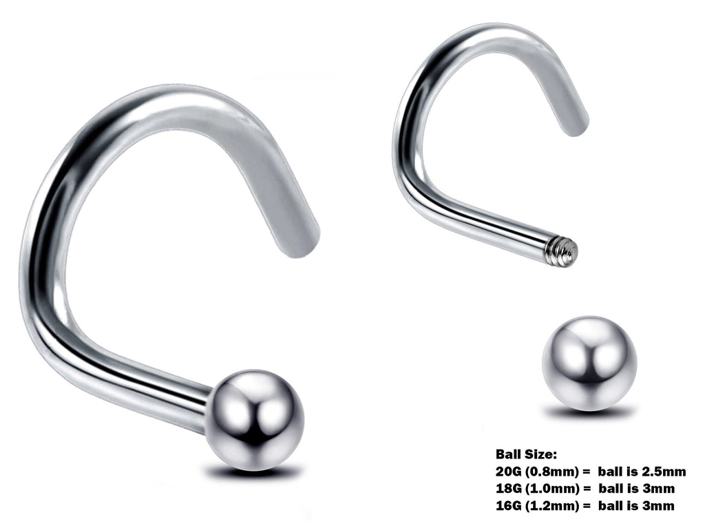 Surgical Steel Nose Stud: 20g, 18g, 16g Nostril Screw with Ball, Cone, or Spike