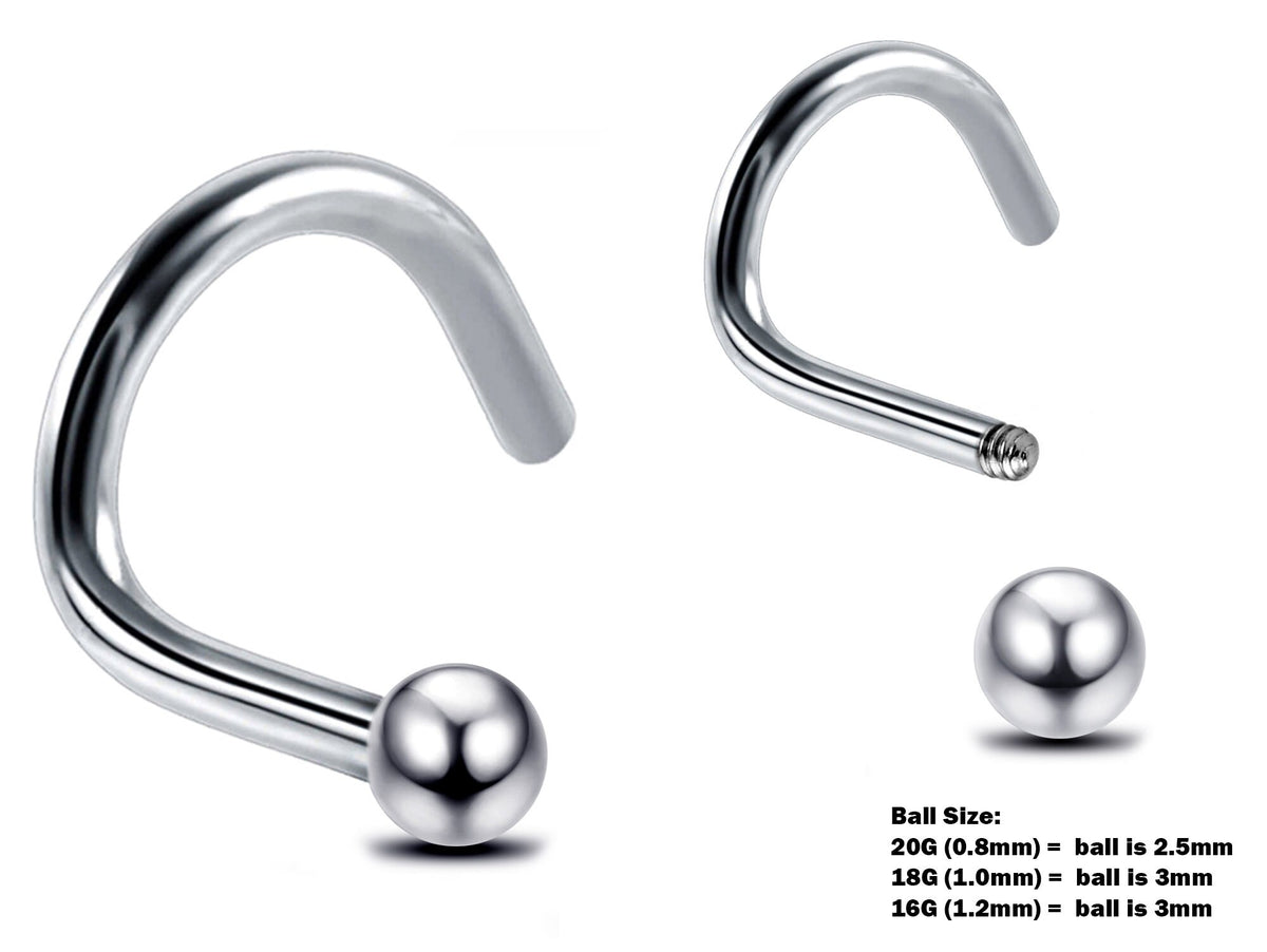 Surgical Steel Nose Stud: 20g, 18g, 16g Nostril Screw with Ball, Cone, or Spike