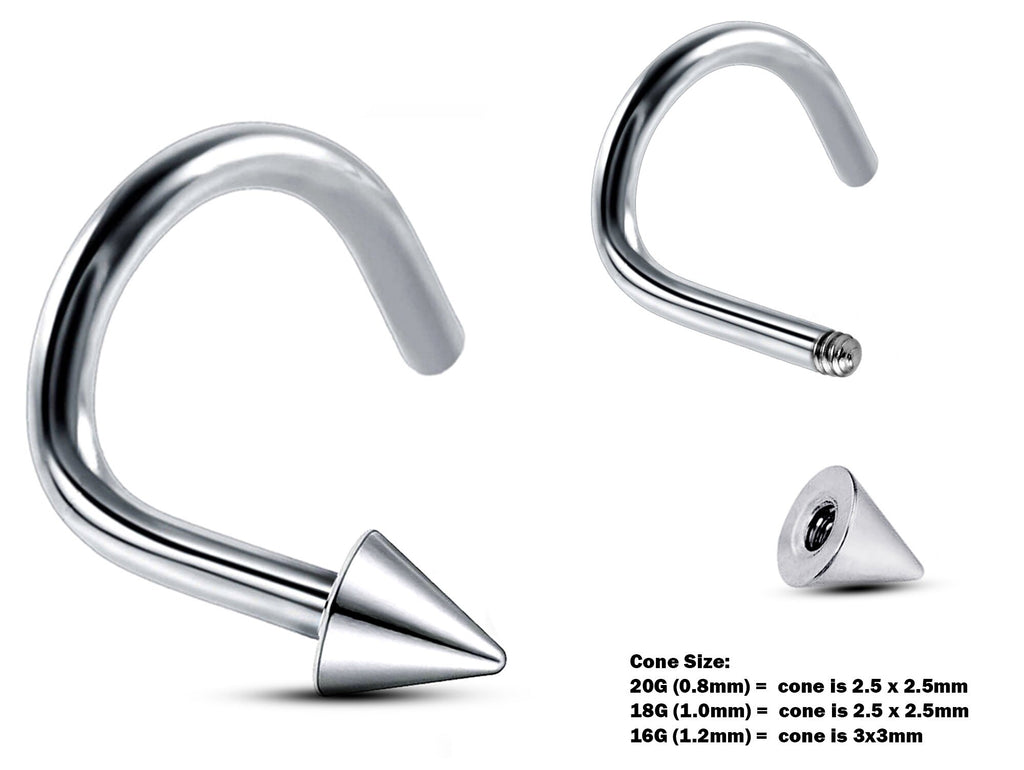 Surgical Steel Nose Stud: 20g, 18g, 16g Nostril Screw with Ball, Cone, or Spike