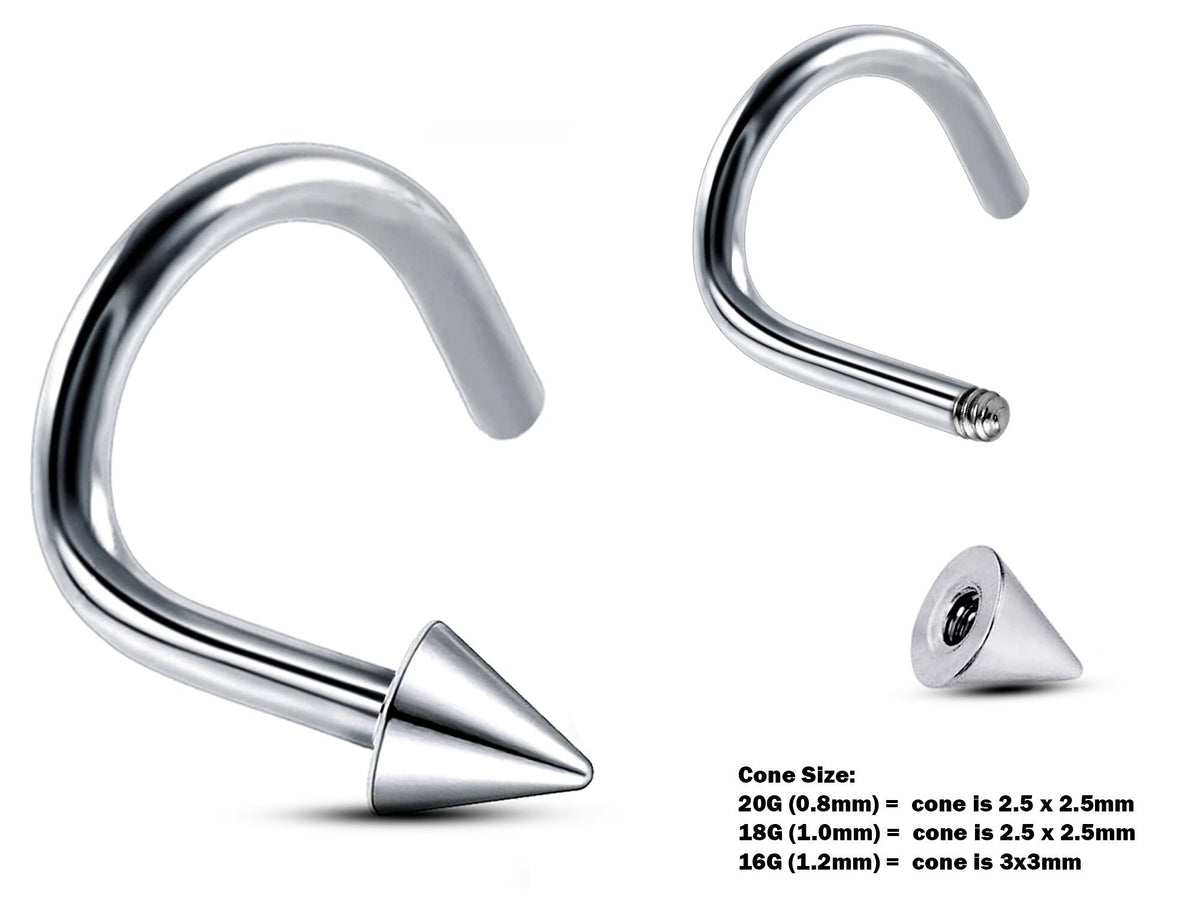 Surgical Steel Nose Stud: 20g, 18g, 16g Nostril Screw with Ball, Cone, or Spike