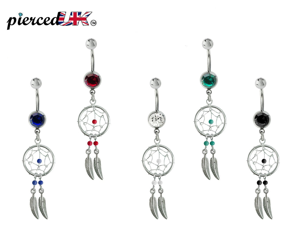 Dream Catcher Belly Ring: Sterling Silver Navel Bar with Gemstone Beads (14g)