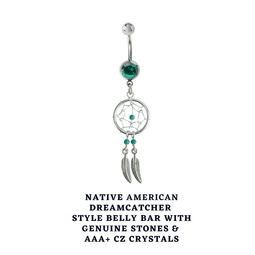 Dream Catcher Belly Ring: Sterling Silver Navel Bar with Gemstone Beads (14g)