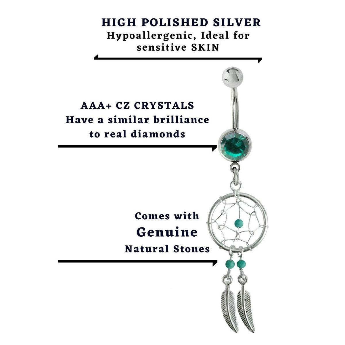 Dream Catcher Belly Ring: Sterling Silver Navel Bar with Gemstone Beads (14g)
