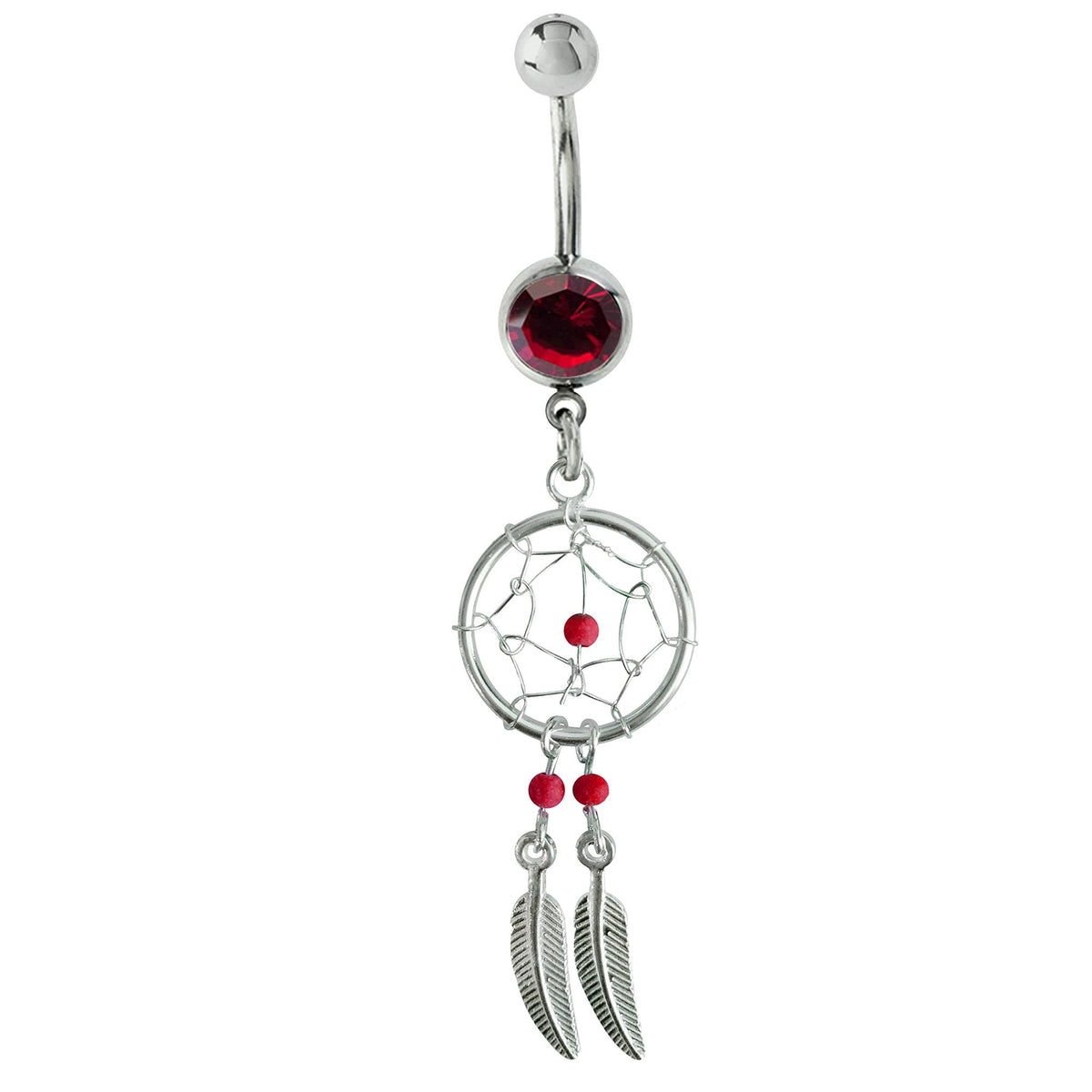 Dream Catcher Belly Ring: Sterling Silver Navel Bar with Gemstone Beads (14g)