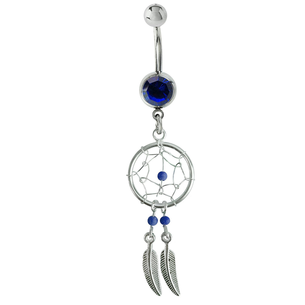 Dream Catcher Belly Ring: Sterling Silver Navel Bar with Gemstone Beads (14g)