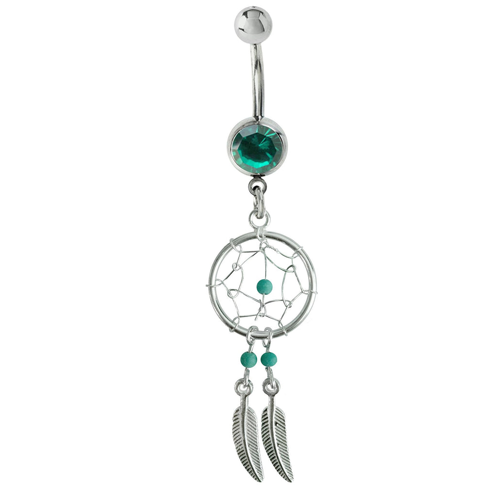 Dream Catcher Belly Ring: Sterling Silver Navel Bar with Gemstone Beads (14g)