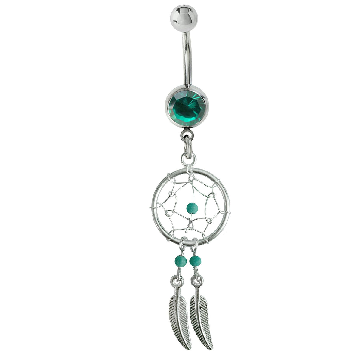 Dream Catcher Belly Ring: Sterling Silver Navel Bar with Gemstone Beads (14g)