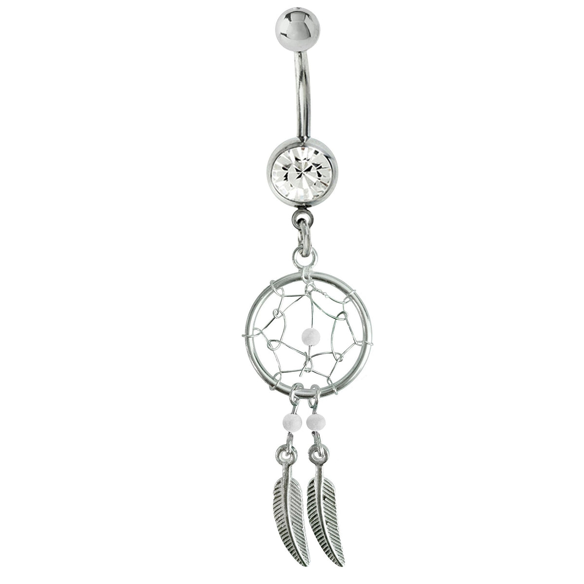 Dream Catcher Belly Ring: Sterling Silver Navel Bar with Gemstone Beads (14g)