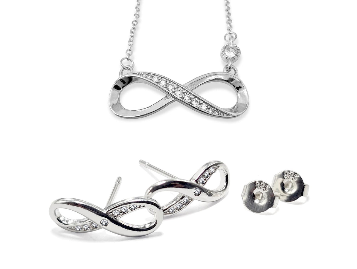 Silver Infinity Jewelry Set: CZ Crystal Necklace & Stud Earrings