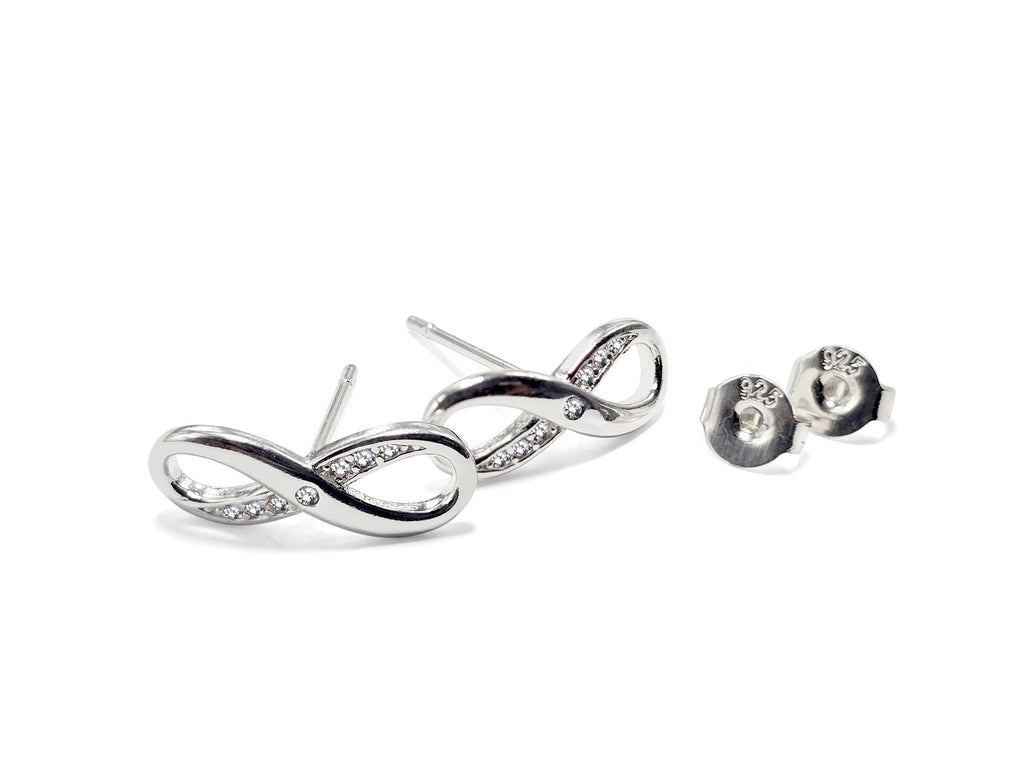 Silver Infinity Jewelry Set: CZ Crystal Necklace & Stud Earrings