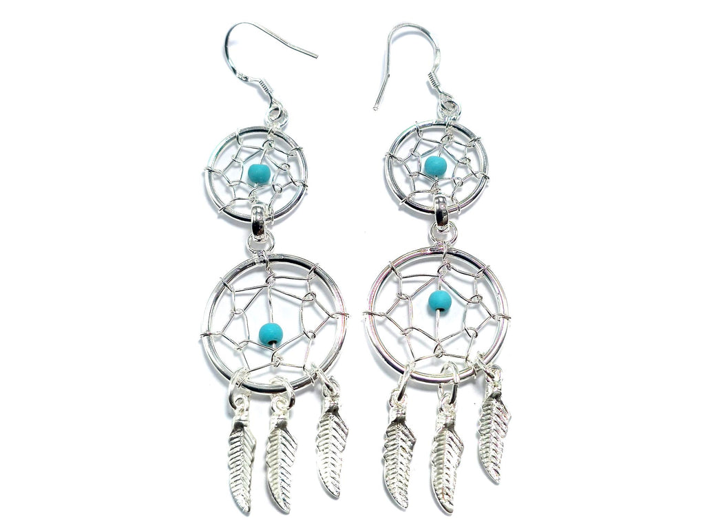 Handmade Silver Dreamcatcher Dangle Earrings: Turquoise & Coral