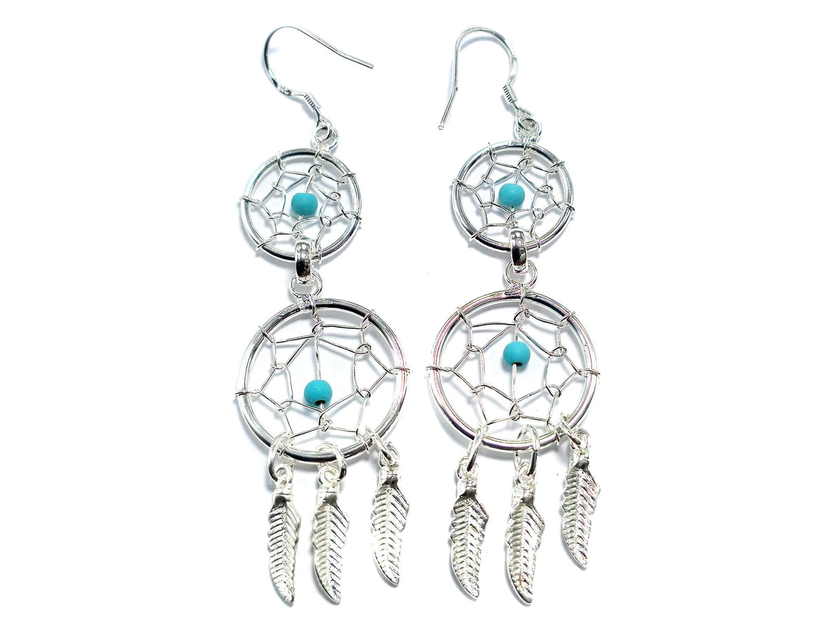 Handmade Silver Dreamcatcher Dangle Earrings: Turquoise & Coral
