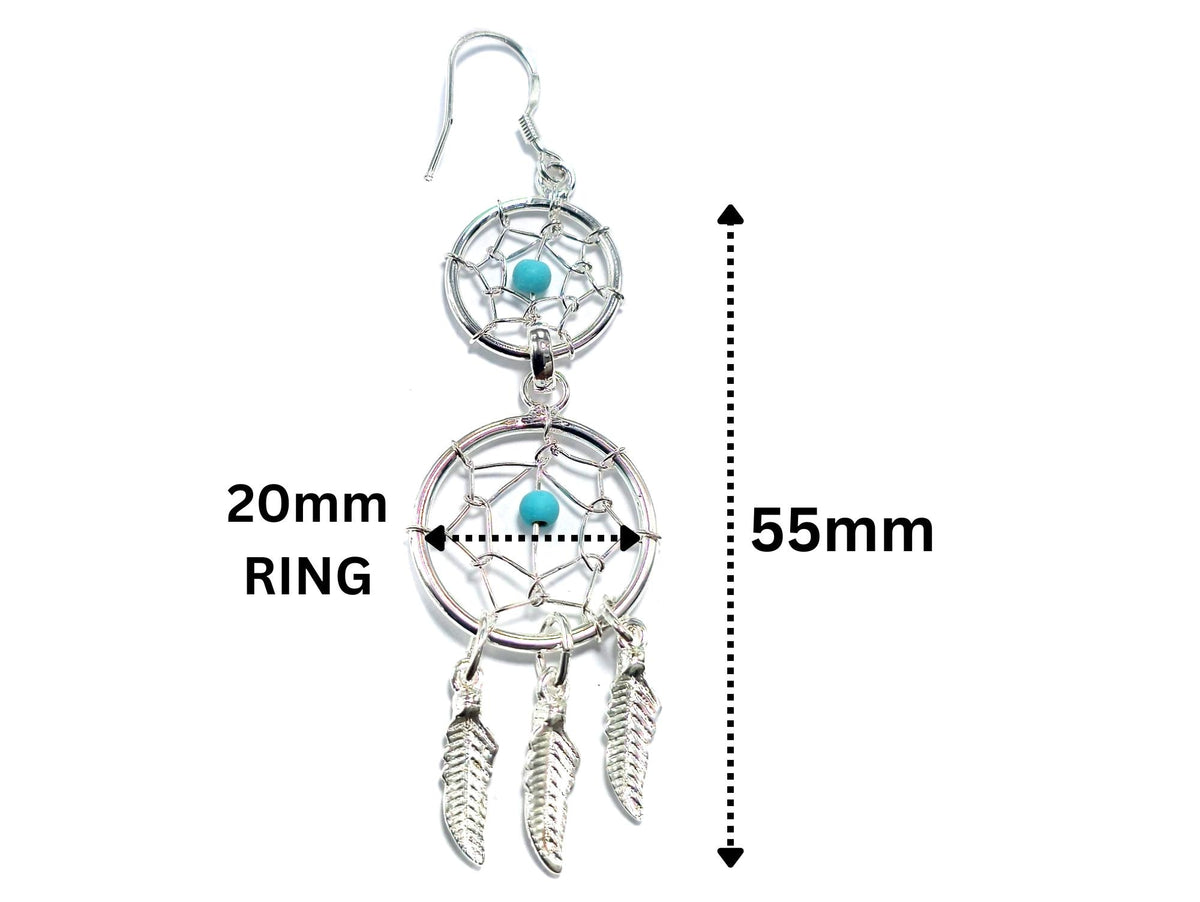 Handmade Silver Dreamcatcher Dangle Earrings: Turquoise & Coral