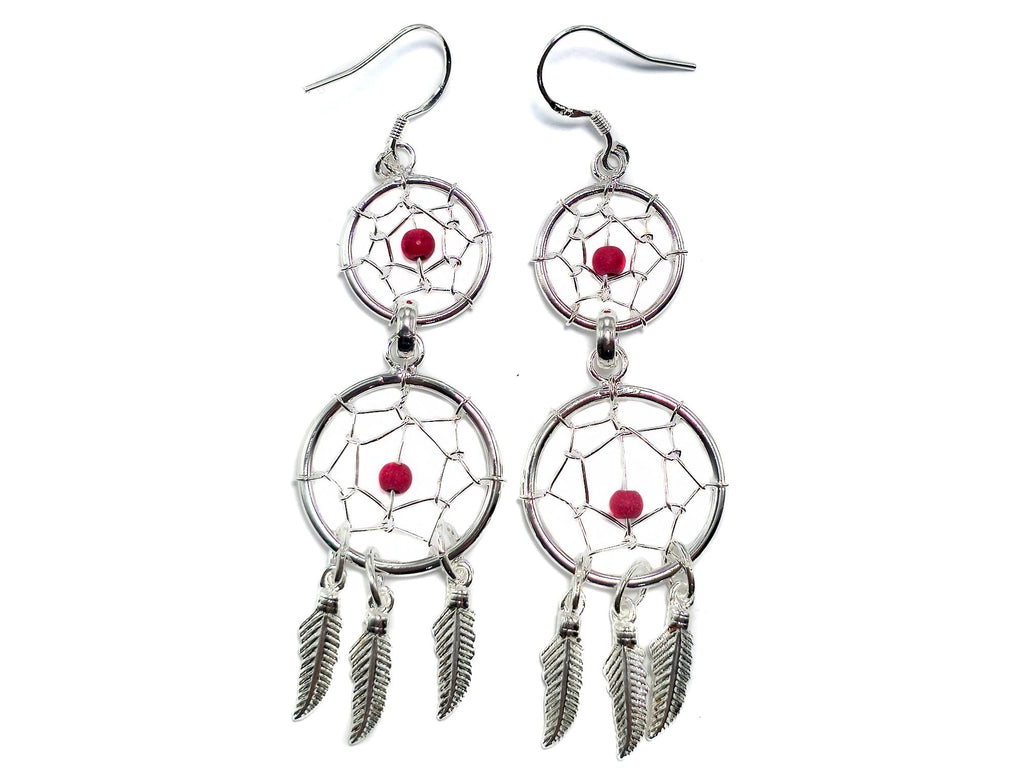 Handmade Silver Dreamcatcher Dangle Earrings: Turquoise & Coral