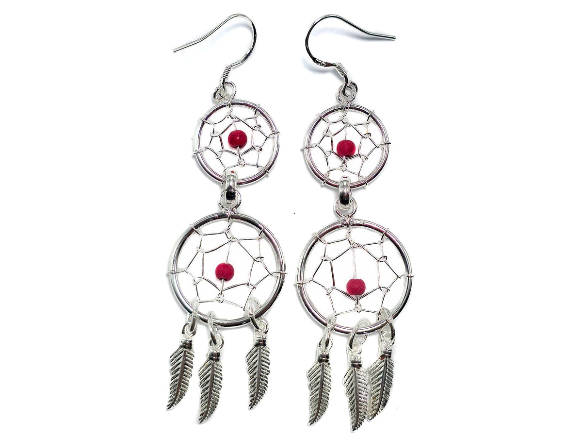Handmade Silver Dreamcatcher Dangle Earrings: Turquoise & Coral