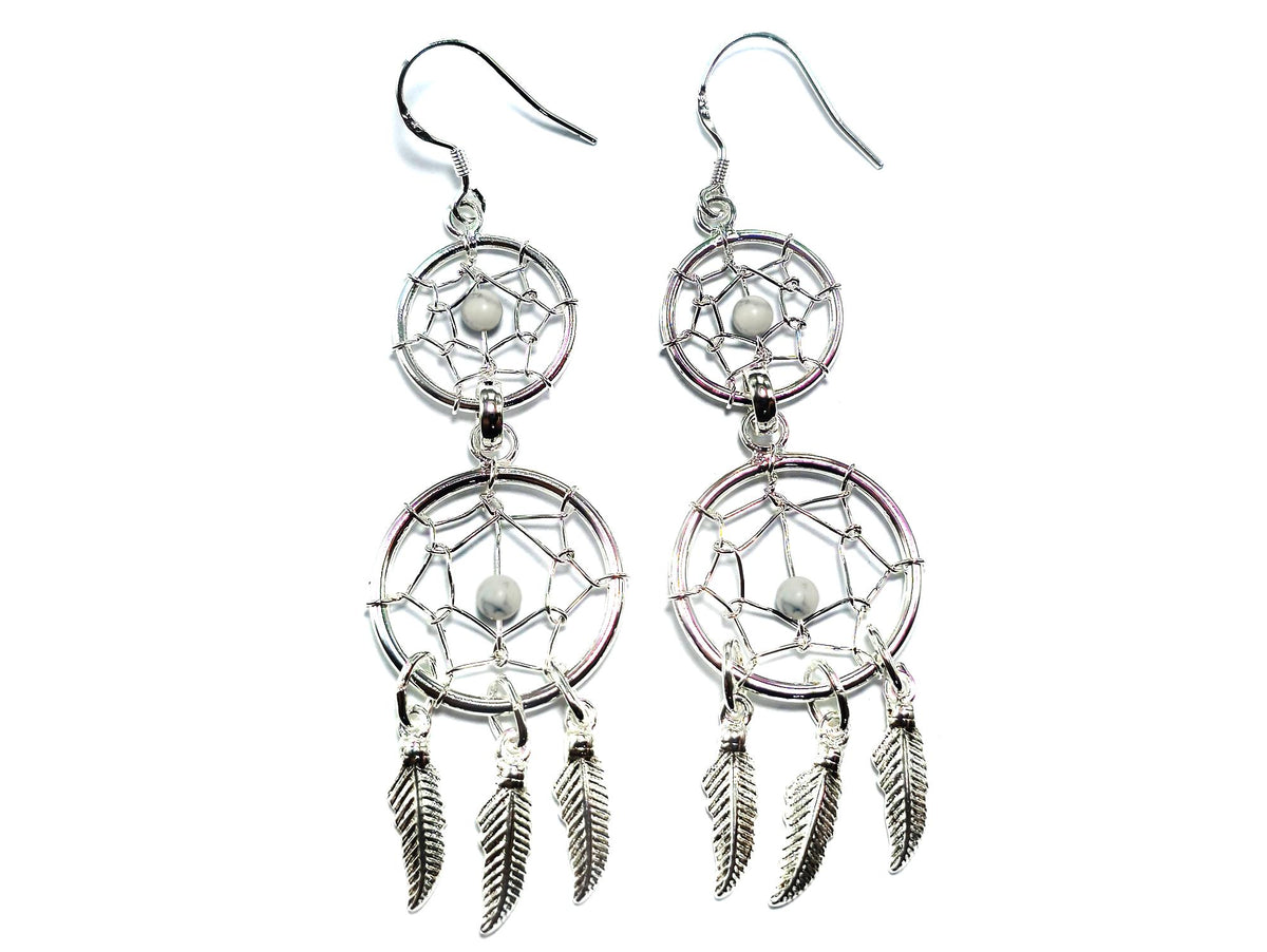 Handmade Silver Dreamcatcher Dangle Earrings: Turquoise & Coral