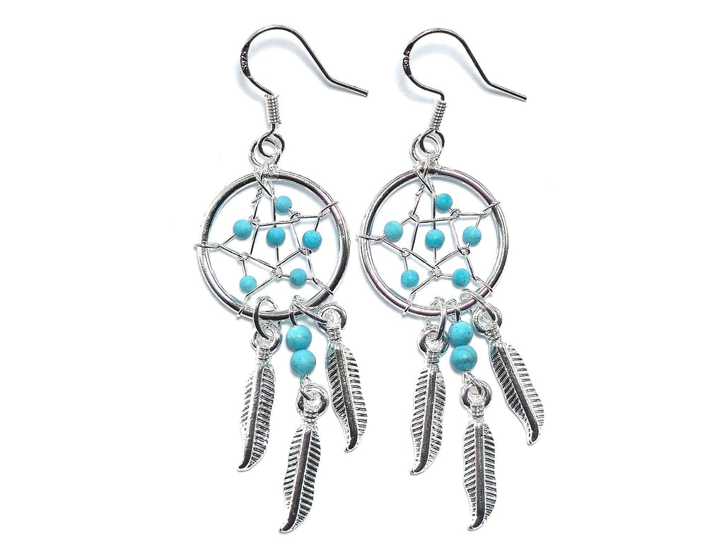 Handmade Silver Dreamcatcher Earrings with Genuine Turquoise, Coral, Onyx & Lapis Beads – Dangle Hook Design