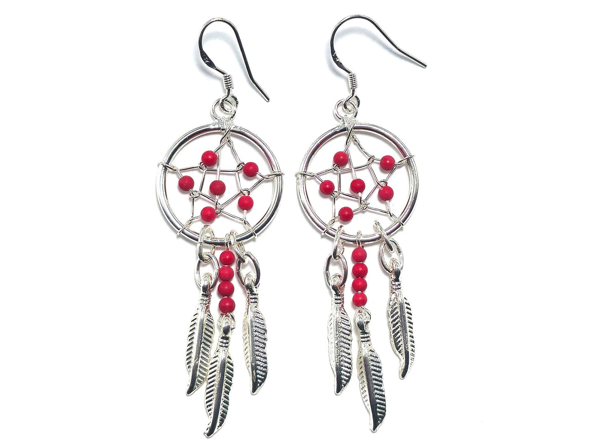 Handmade Silver Dreamcatcher Earrings with Genuine Turquoise, Coral, Onyx & Lapis Beads – Dangle Hook Design