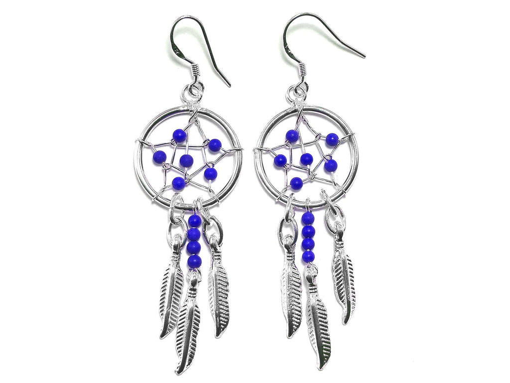 Handmade Silver Dreamcatcher Earrings with Genuine Turquoise, Coral, Onyx & Lapis Beads – Dangle Hook Design