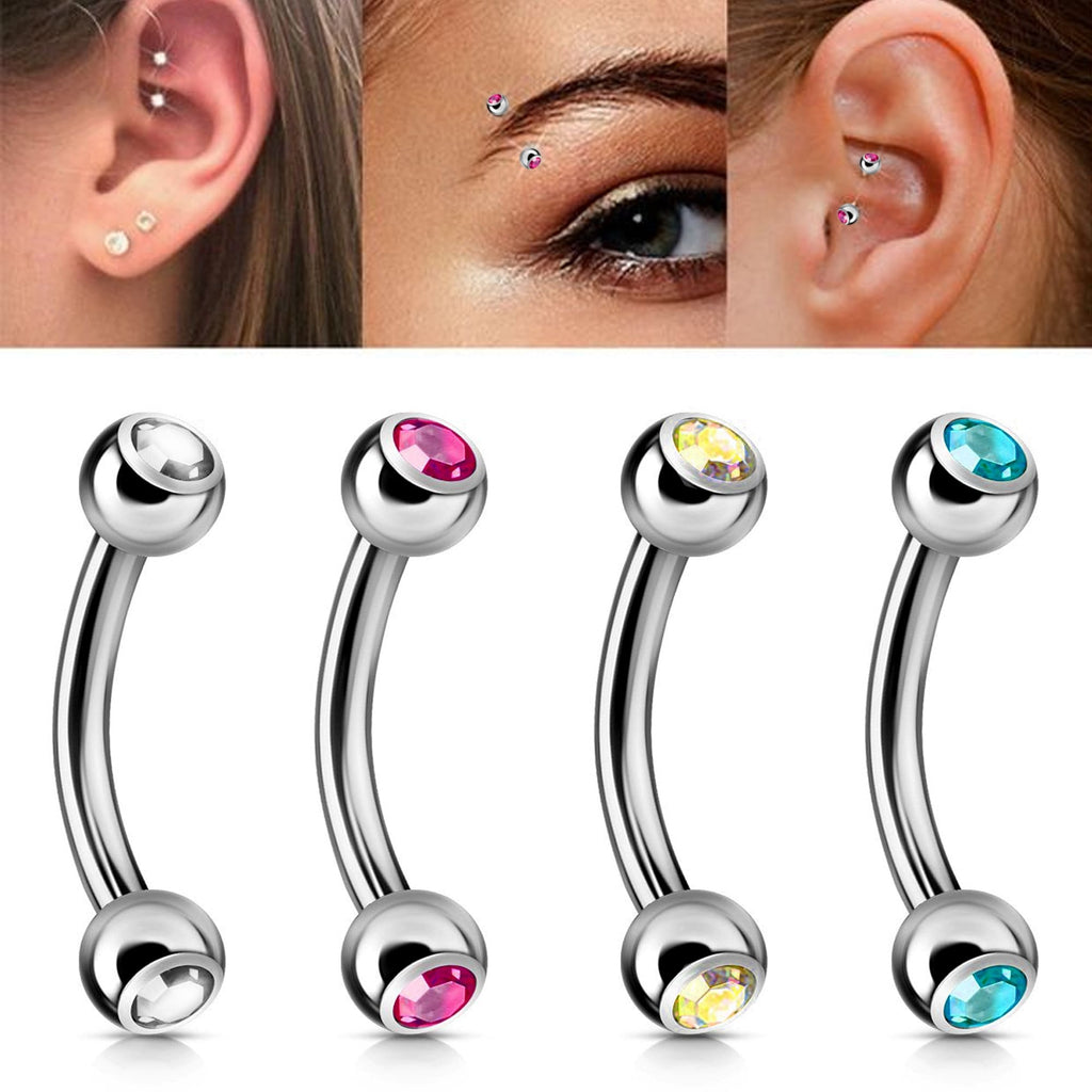 Double Jeweled Curved Barbell: Surgical Steel Piercing (18g-14g)