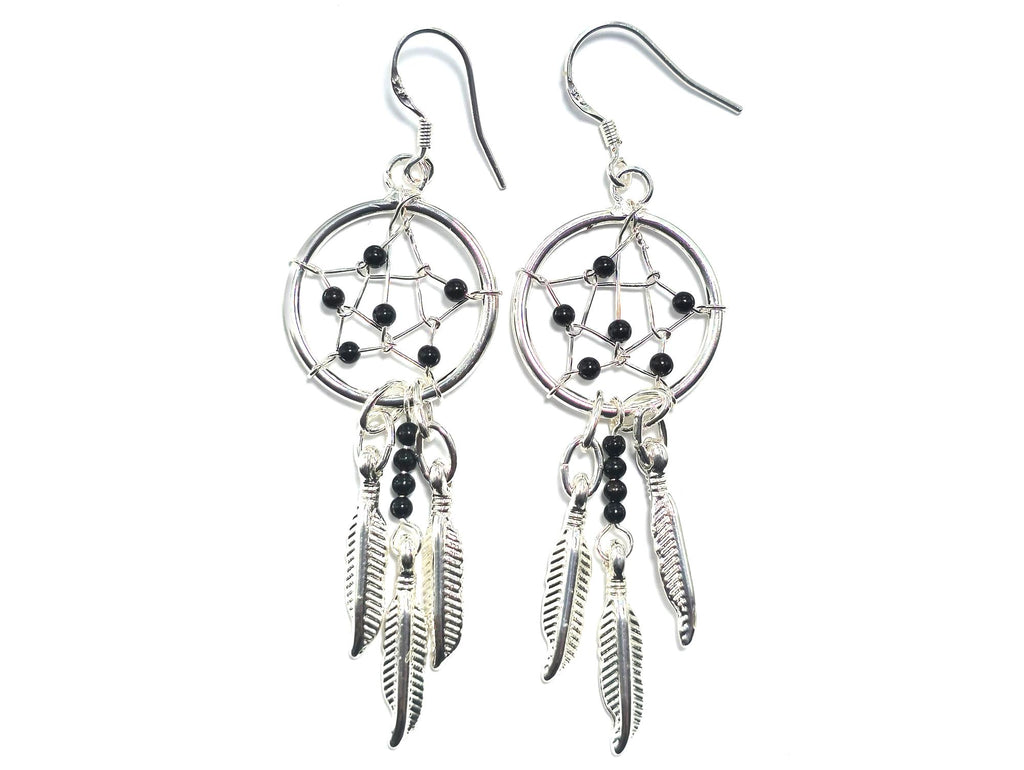 Handmade Silver Dreamcatcher Earrings with Genuine Turquoise, Coral, Onyx & Lapis Beads – Dangle Hook Design