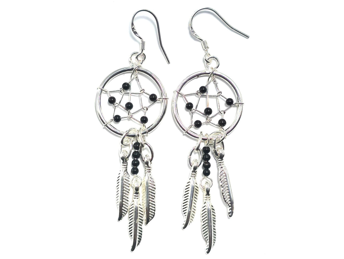 Handmade Silver Dreamcatcher Earrings with Genuine Turquoise, Coral, Onyx & Lapis Beads – Dangle Hook Design