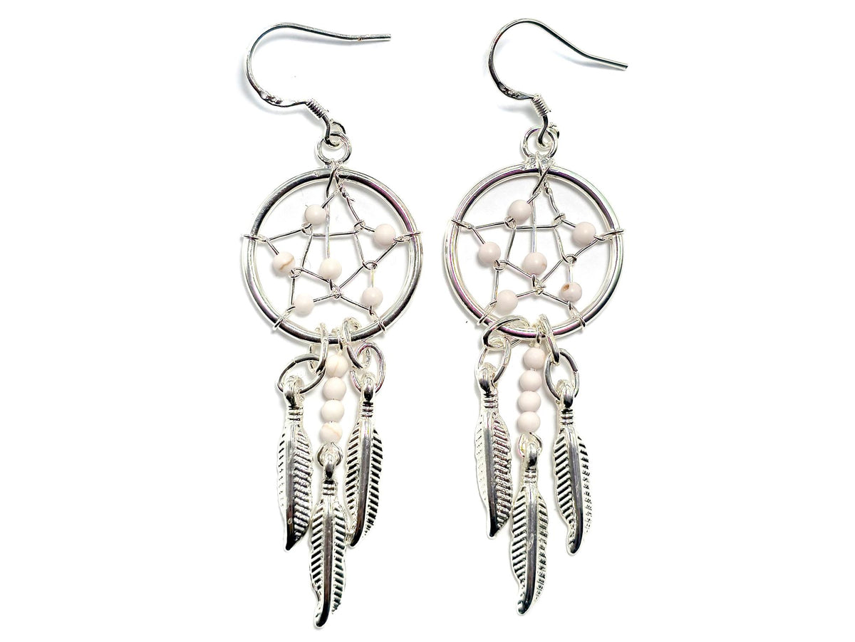 Handmade Silver Dreamcatcher Earrings with Genuine Turquoise, Coral, Onyx & Lapis Beads – Dangle Hook Design