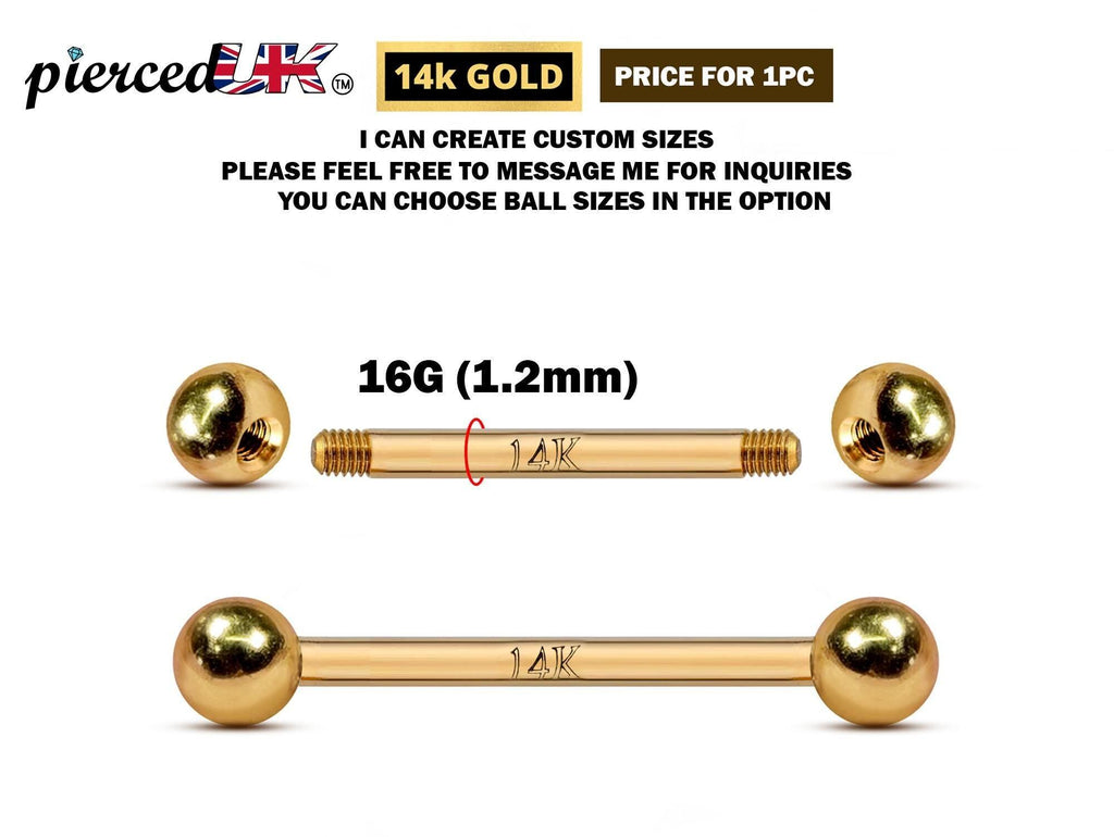 14K Gold Barbell Piercing: 18G 16G Cartilage, Tongue, Nipple Jewelry
