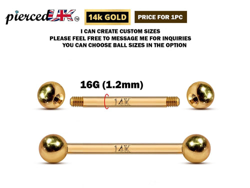 14K Gold Barbell Piercing: 18G 16G Cartilage, Tongue, Nipple Jewelry