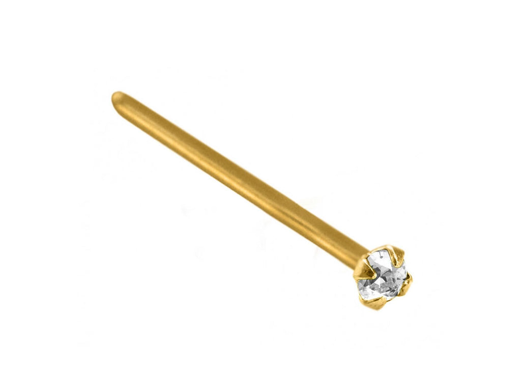 18K Solid Gold Nose Stud: Crystal Prong Set, 23g
