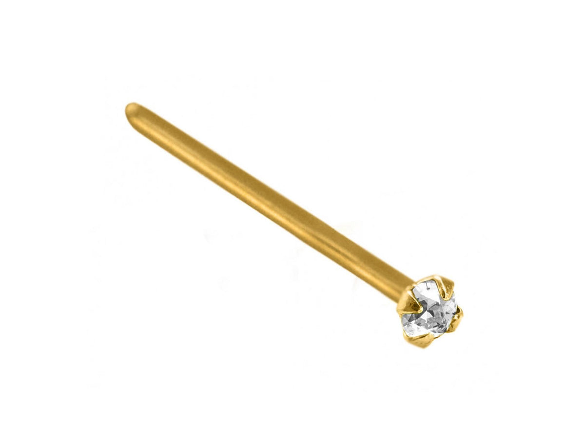 18K Solid Gold Nose Stud: Crystal Prong Set, 23g