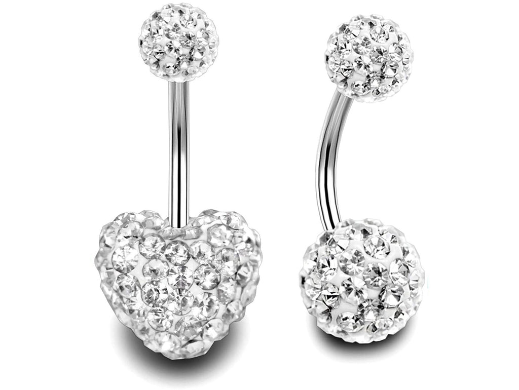 Crystal Glitter Ball Belly Ring: Surgical Steel Heart Navel Bar (2pcs)