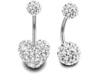 Crystal Glitter Ball Belly Ring: Surgical Steel Heart Navel Bar (2pcs)