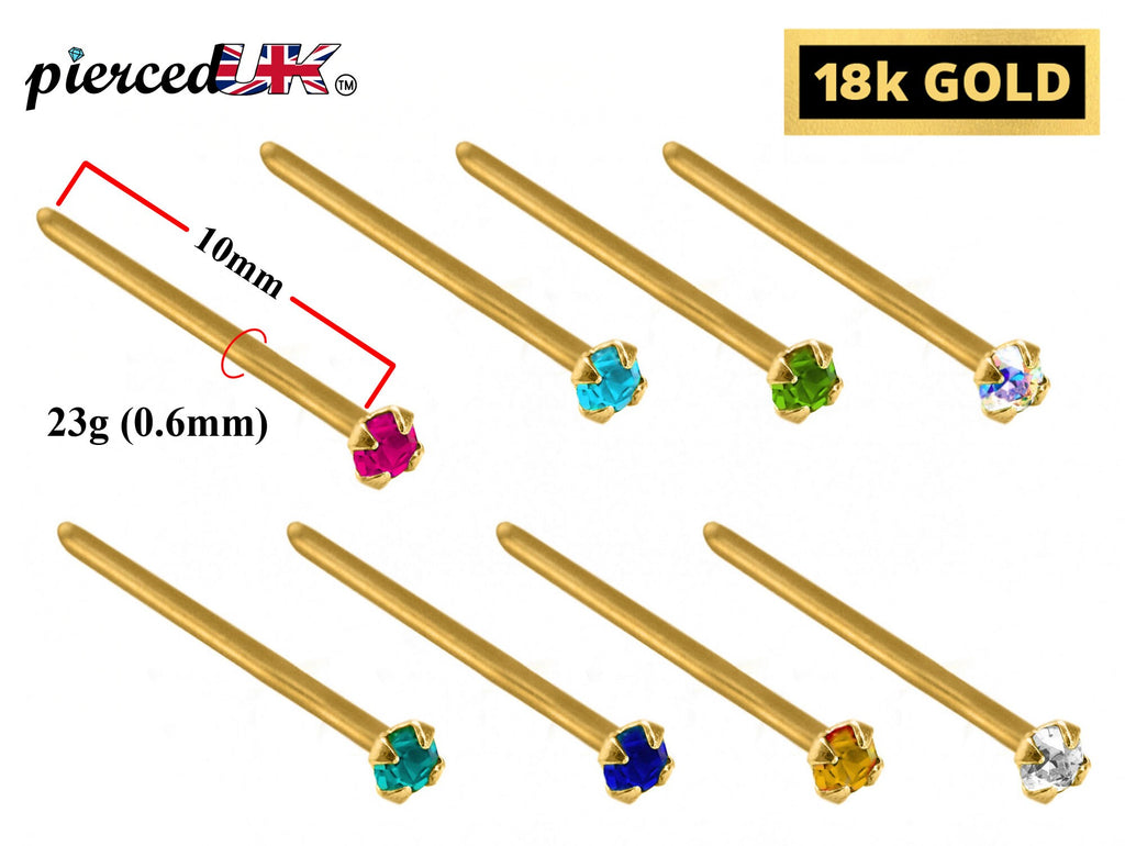 18K Solid Gold Nose Stud: Crystal Prong Set, 23g