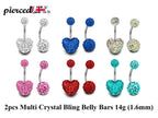 Crystal Glitter Ball Belly Ring: Surgical Steel Heart Navel Bar (2pcs)