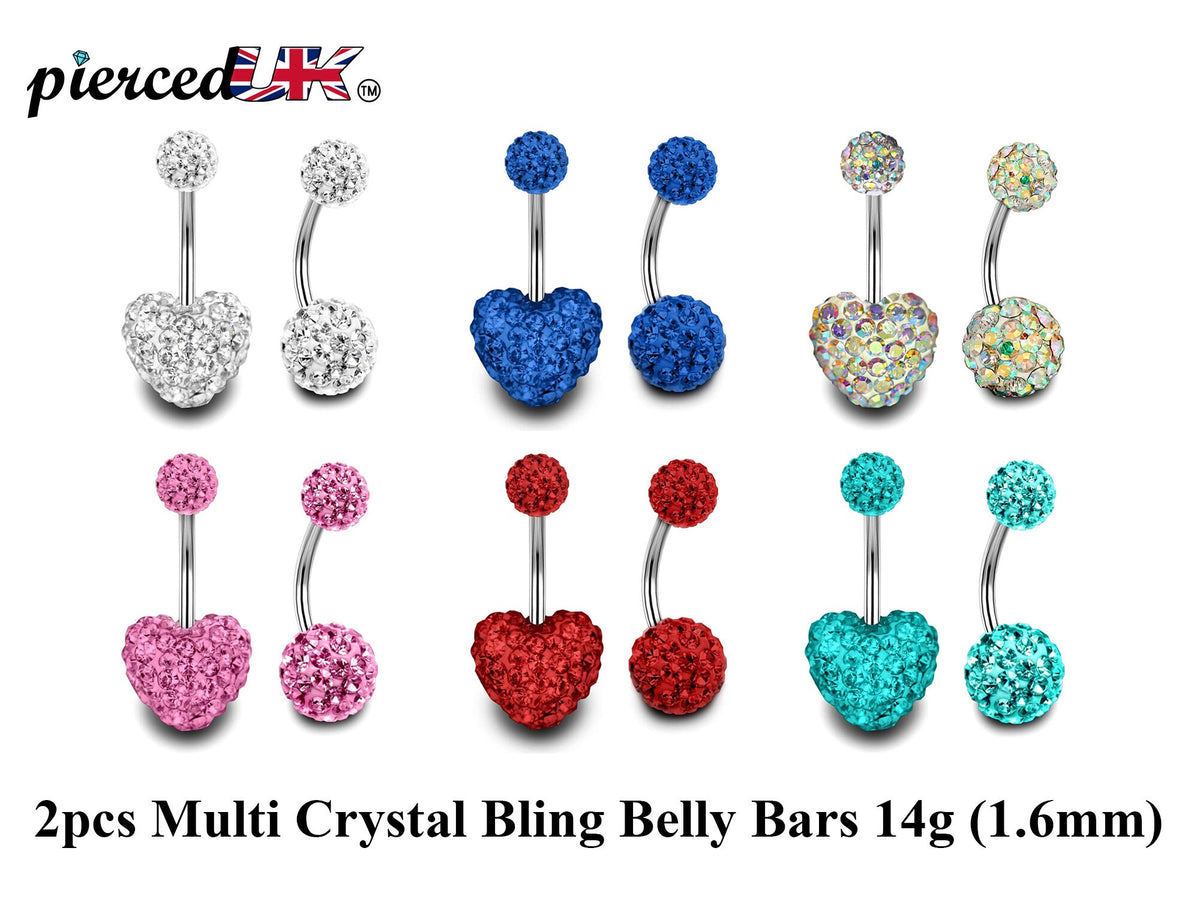 Crystal Glitter Ball Belly Ring: Surgical Steel Heart Navel Bar (2pcs)