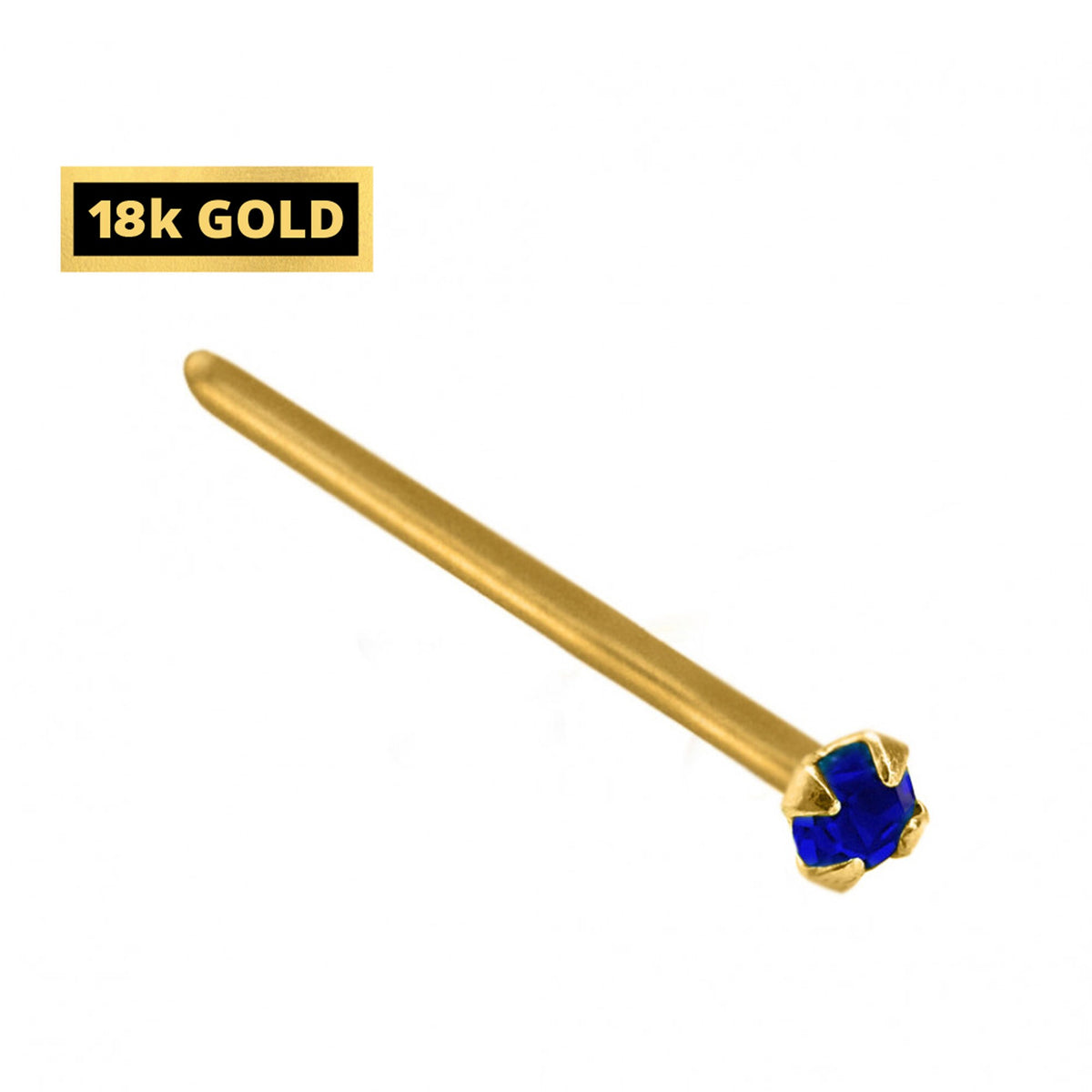 18K Solid Gold Nose Stud: Crystal Prong Set, 23g