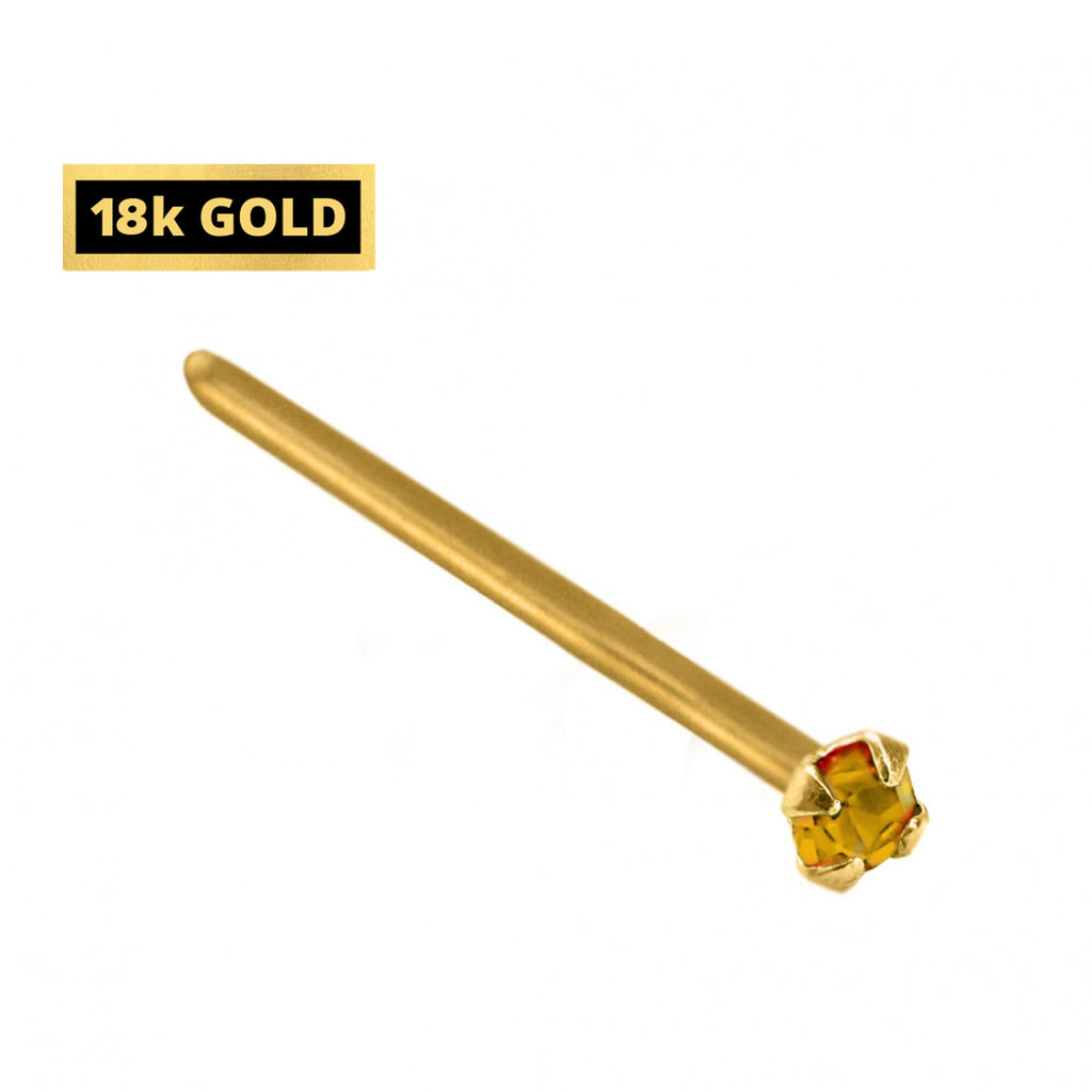 18K Solid Gold Nose Stud: Crystal Prong Set, 23g